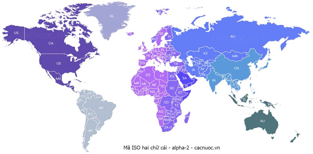Bản đồ mã iso các nước trên thế giới - mã 2 chữ số